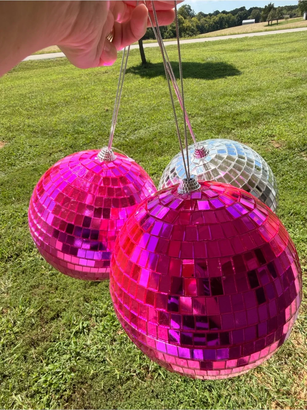 Pink Mirrored Disco Ball Hanging Party Decor - Set of 3